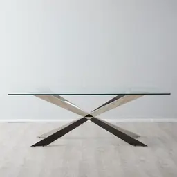 Lena Shiny Stainless Steel Dining Table - Glass Top 