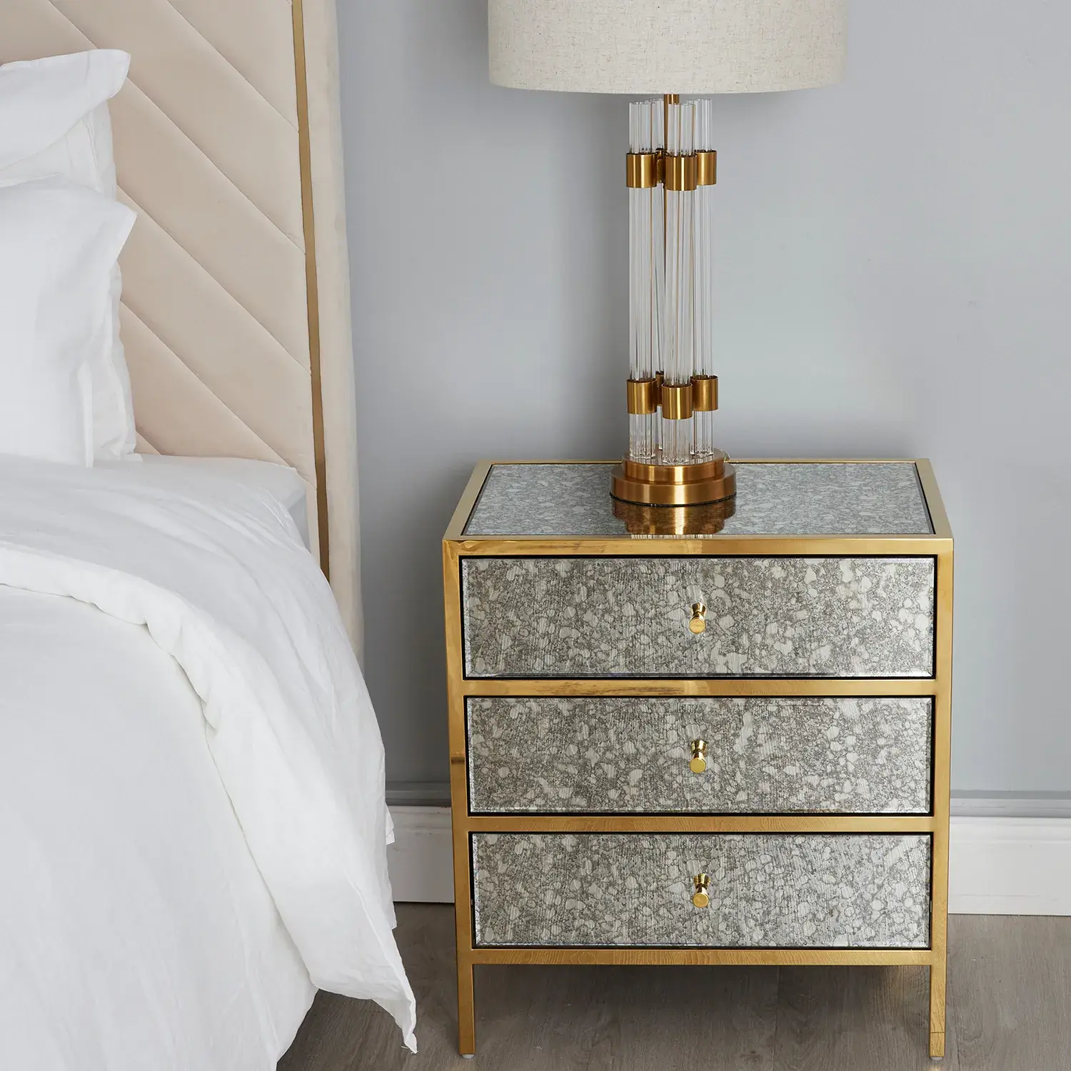 Helena Antique Glass Bedside Table - Gold Frame