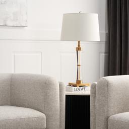Nela Crystal and Brushed Bronze Metal Table Lamp - White Linen Lamp Shade