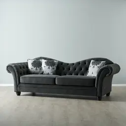 Florence II Charcoal Velvet 3-Seater Sofa with Floral Cushions