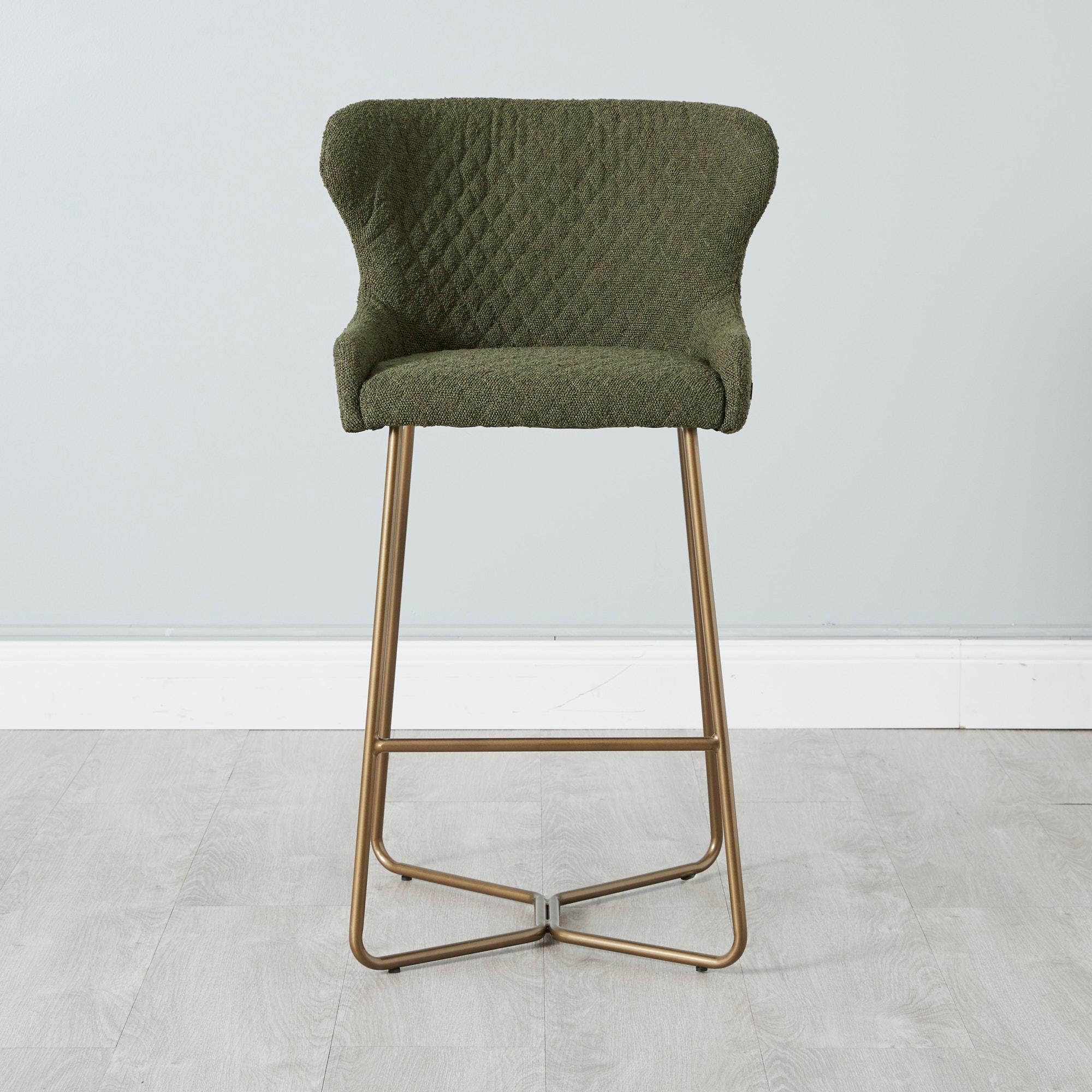 Quinn Olive Green Boucle Bar Stool - Brass Colour Legs