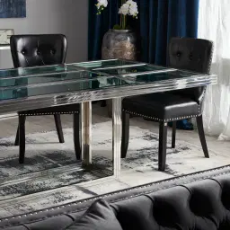 Titus Stainless Steel Dining Table - Smoke Green Glass Top