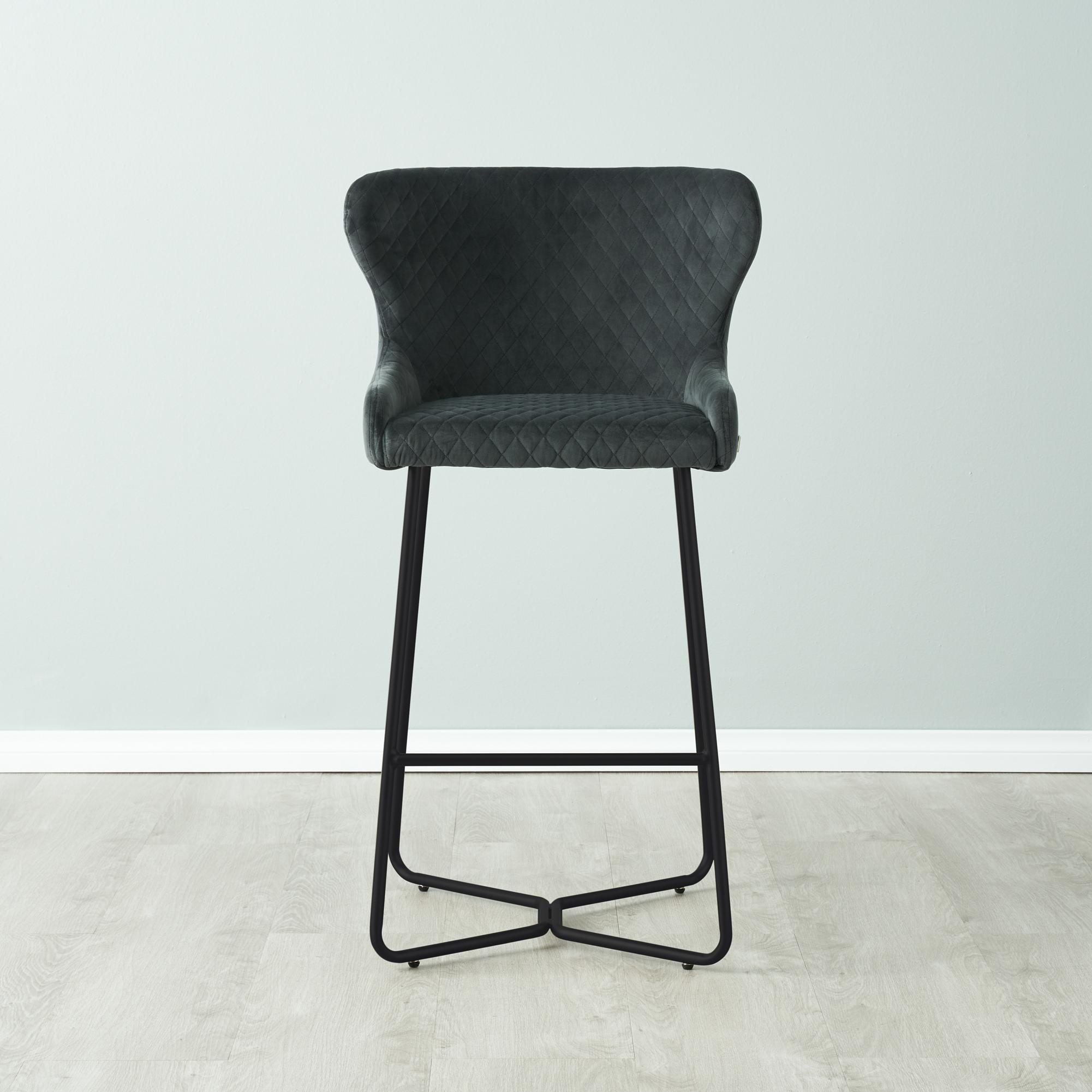 Quinn Charcoal Velvet Bar Stool - Black Legs