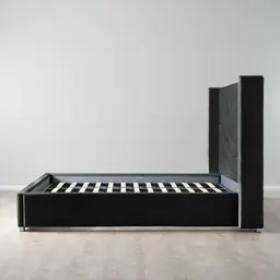 Gertrude Charcoal Velvet Queen Bed - Brushed Black Nickel Stainless Steel Frame