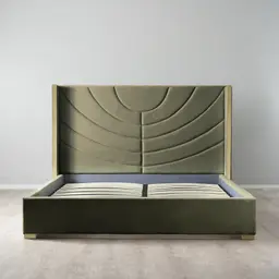 Gertrude Olive Green Velvet Queen Bed - Brushed Champagne Gold Stainless Steel Frame