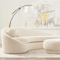 Crescent Brushed Gold Metal Floor Lamp-White Fabric Shade