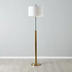 Crescent Brushed Gold Metal Floor Lamp-White Fabric Shade