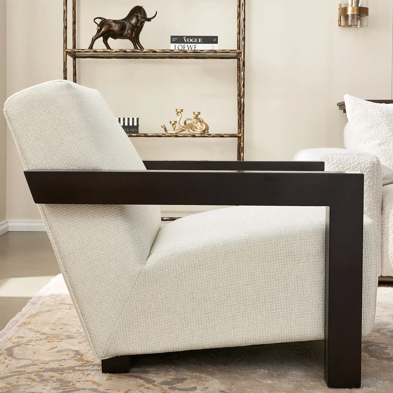 Stellan Chestnut White Woven Fabric Occasional Chair-Brown Wooden Legs