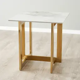 Dianne White Grey-Streaked Sintered Stone Side Table - Brushed Gold Stainless Steel Frame