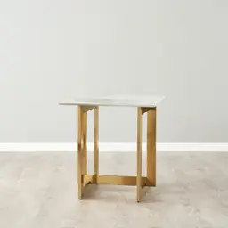 Dianne White Grey-Streaked Sintered Stone Side Table - Brushed Gold Stainless Steel Frame