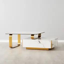 Marbella 2-Layered Cold Calacatta White Sintered Stone Coffee Table - Brushed Gold Frame