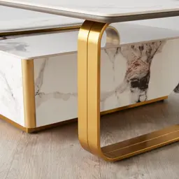 Marbella 2-Layered Cold Calacatta White Sintered Stone Coffee Table - Brushed Gold Frame