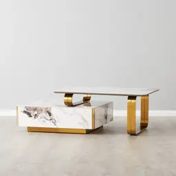 Marbella 2-Layered Cold Calacatta White Sintered Stone Coffee Table - Brushed Gold Frame