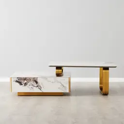 Marbella 2-Layered Cold Calacatta White Sintered Stone Coffee Table - Brushed Gold Frame