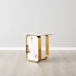 Marbella Cold Calacatta White Sintered Stone Side Table - Brushed Gold Frame