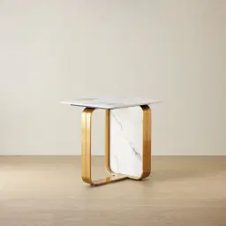 Marbella Cold Calacatta White Sintered Stone Side Table - Brushed Gold Frame