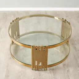 Lindsay Polished Gold Stainless Steel Round Coffee Table - Clear Glass Top