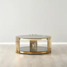 Lindsay Polished Gold Stainless Steel Round Coffee Table - Smoke Glass Top