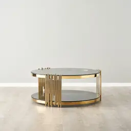 Lindsay Polished Gold Stainless Steel Round Coffee Table - Smoke Glass Top