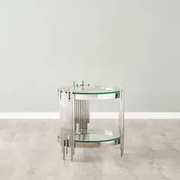 Lindsay Polished Stainless Steel Round Side Table - Clear Glass Top