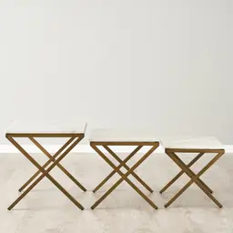 Belle Natural White Marble Nested Side Tables - Brushed Bronze Legs