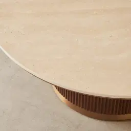 San Pierre Walnut Veneer High Round Coffee Table with Travertine Finish Sintered Stone Top