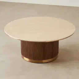 San Pierre Walnut Veneer High Round Coffee Table with Travertine Finish Sintered Stone Top