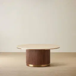 San Pierre Walnut Veneer High Round Coffee Table with Travertine Finish Sintered Stone Top