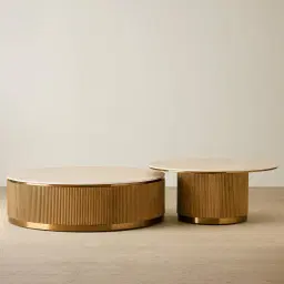 San Pierre Light Brown Ash Veneer High Round Coffee Table with Travertine Finish Sintered Stone Top