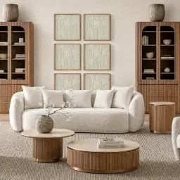 San Pierre Light Brown Ash Veneer High Round Coffee Table with Travertine Finish Sintered Stone Top