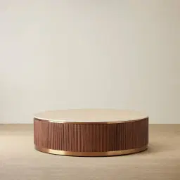 San Pierre Walnut Veneer Low Round Coffee Table with Travertine Finish Sintered Stone Top