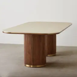 San Pierre Walnut Veneer Two-Leg Rectangular Dining Table with Travertine Finish Sintered Stone Top - 240x120cm
