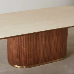 San Pierre Walnut Veneer Single Leg Rectangular Dining Table with Travertine Finish Sintered Stone Top - 240x120cm