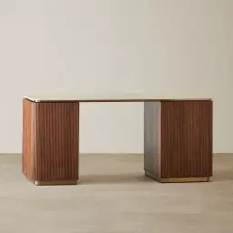 San Pierre Walnut Veneer Study Desk with Travertine Finish Sintered Stone Top