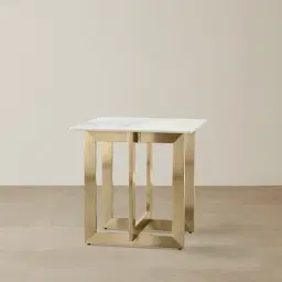 Dianne White Grey-Streaked Sintered Stone Side Table - Brushed Champagne Gold Stainless Steel Frame