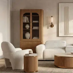 San Pierre Light Brown Ash Veneer Side Table with Travertine Finish Sintered Stone Top