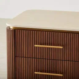 San Pierre Walnut Veneer Bedside Table with Travertine Finish Sintered Stone Top