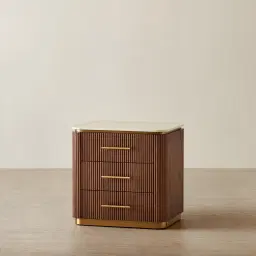 San Pierre Walnut Veneer Bedside Table with Travertine Finish Sintered Stone Top