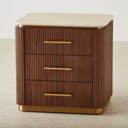 San Pierre Walnut Veneer Bedside Table with Travertine Finish Sintered Stone Top