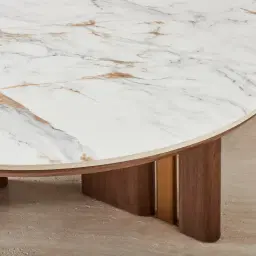 Sir Lionell Gliding White Sintered Stone Coffee Table - Walnut Brown Wooden Legs