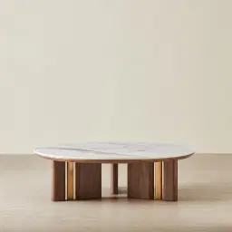 Sir Lionell Gliding White Sintered Stone Coffee Table - Walnut Brown Wooden Legs