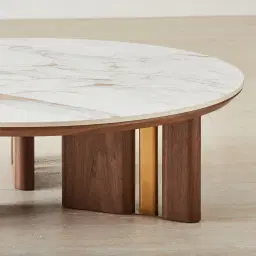 Sir Lionell Gliding White Sintered Stone Coffee Table - Walnut Brown Wooden Legs
