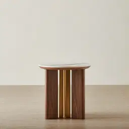 Sir Lionell Gliding White Sintered Stone Side Table - Walnut Brown Wooden Legs