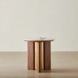 Sir Lionell Gliding White Sintered Stone Side Table - Walnut Brown Wooden Legs