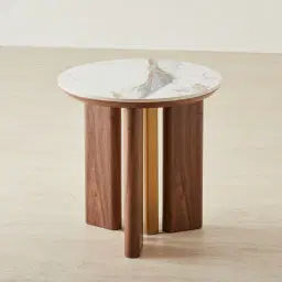 Sir Lionell Gliding White Sintered Stone Side Table - Walnut Brown Wooden Legs