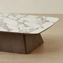 Dunstan Amber Brown Veneer Coffee Table with Calcatta Viola Sintered Stone Top