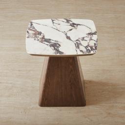 Dunstan Amber Brown Veneer Side Table with Calcatta Viola Sintered Stone Top