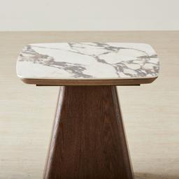 Dunstan Amber Brown Veneer Side Table with Calcatta Viola Sintered Stone Top
