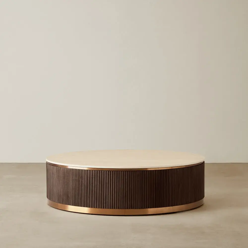San Pierre Ebony Brown Ash Veneer Coffee Table Low - Travertine Finish Sintered Stone Top