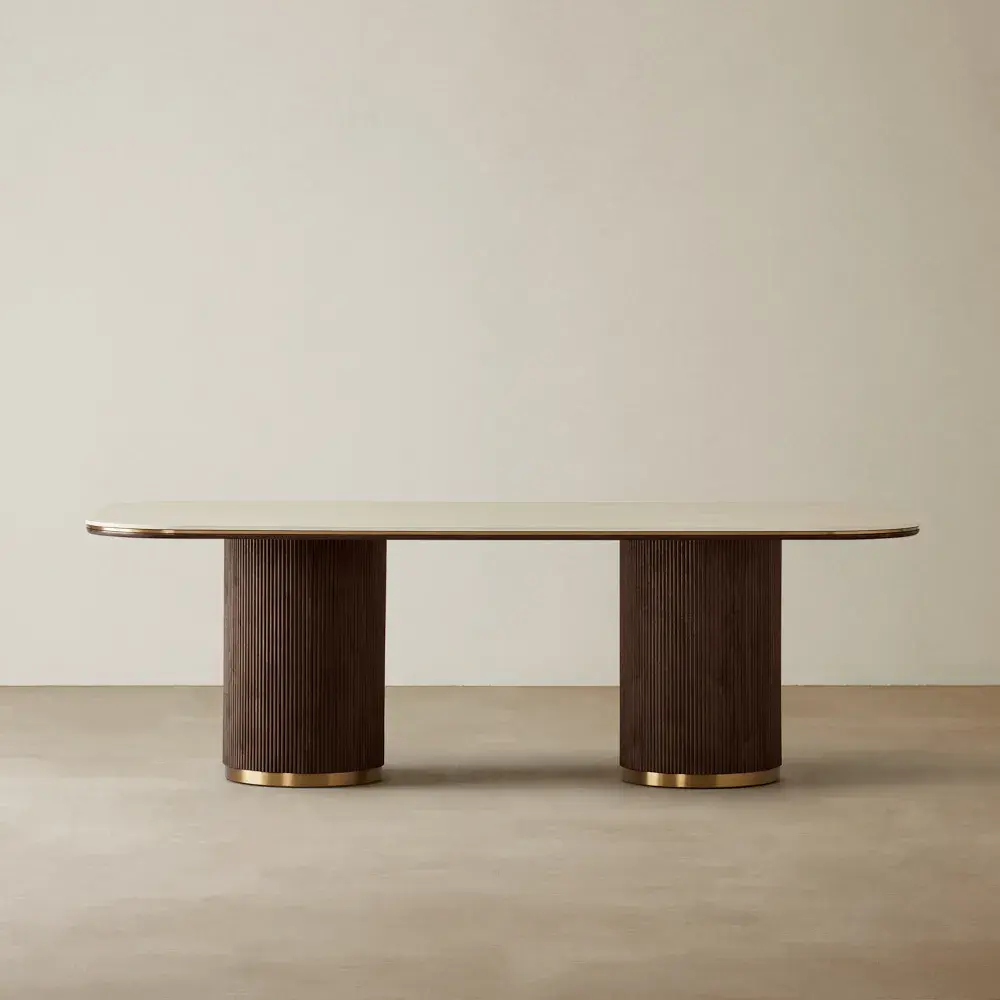 San Pierre Ebony Brown Ash Veneer Dining Table - Two Legs - Travertine Finish Sintered Stone Top 240x120cm